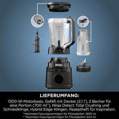 Ninja 2-in-1 Detect Power Mixer Pro TB301EU (Schwarz) – 1200 W, Krug & 2 Becher, für Smoothies, Frozen Drinks & Gemüse, Auto-IQ-Technologie.
