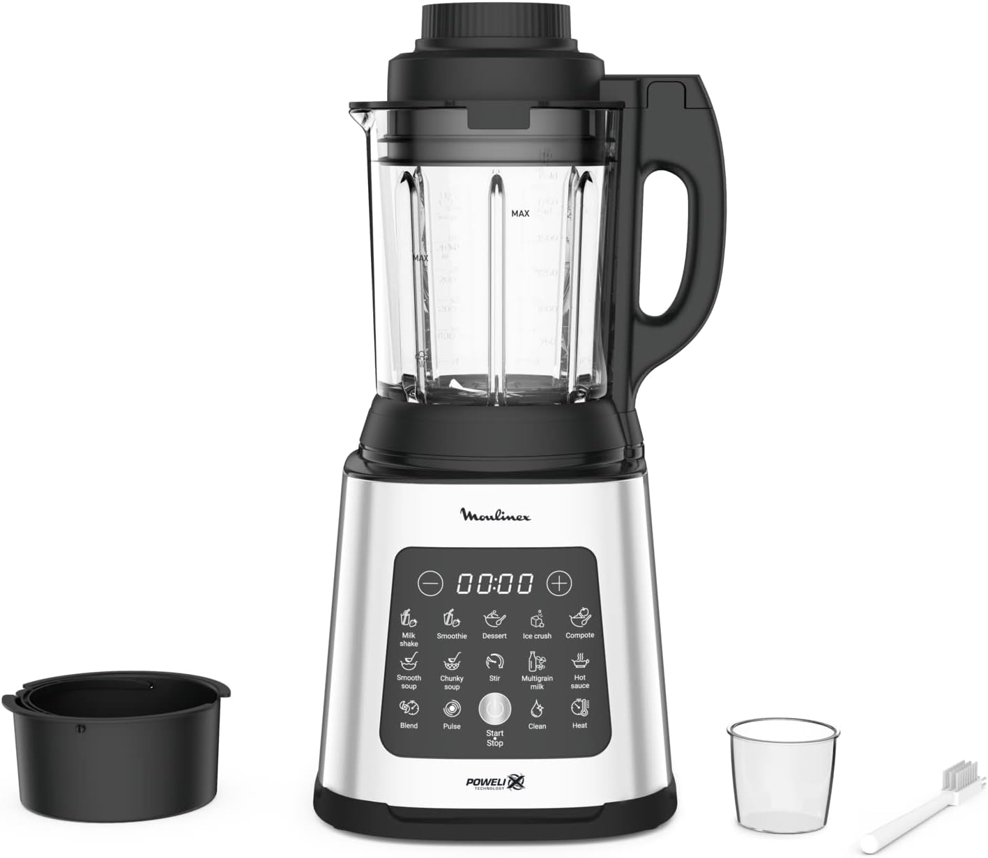 Moulinex PerfectMix Cook LM83SD – 1400 W Standmixer mit 10 Programmen, 2 L Glasbehälter, für heiße & kalte Rezepte, Touchscreen, leicht zu reinigen.