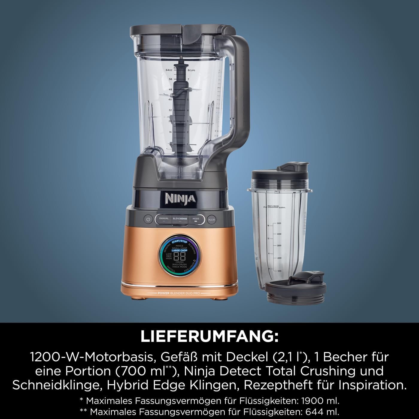 Ninja 2-in-1 Detect Power Mixer Pro TB301EU (Schwarz/Kupfer) – 1200 W, Krug & Becher-Set, kraftvoller Mixer für Smoothies & Frozen Drinks.