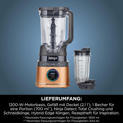 Ninja 2-in-1 Detect Power Mixer Pro TB301EU (Schwarz/Kupfer) – 1200 W, Krug & Becher-Set, kraftvoller Mixer für Smoothies & Frozen Drinks.
