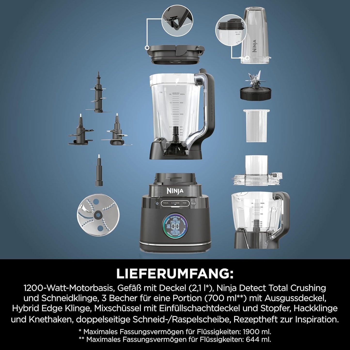 Ninja 3-in-1 Detect Power Blender Processor Pro TB401EU – 1200 W, Krug, Becher & Knethaken, für Teig, Mixen & Hacken, Auto-IQ-Steuerung.